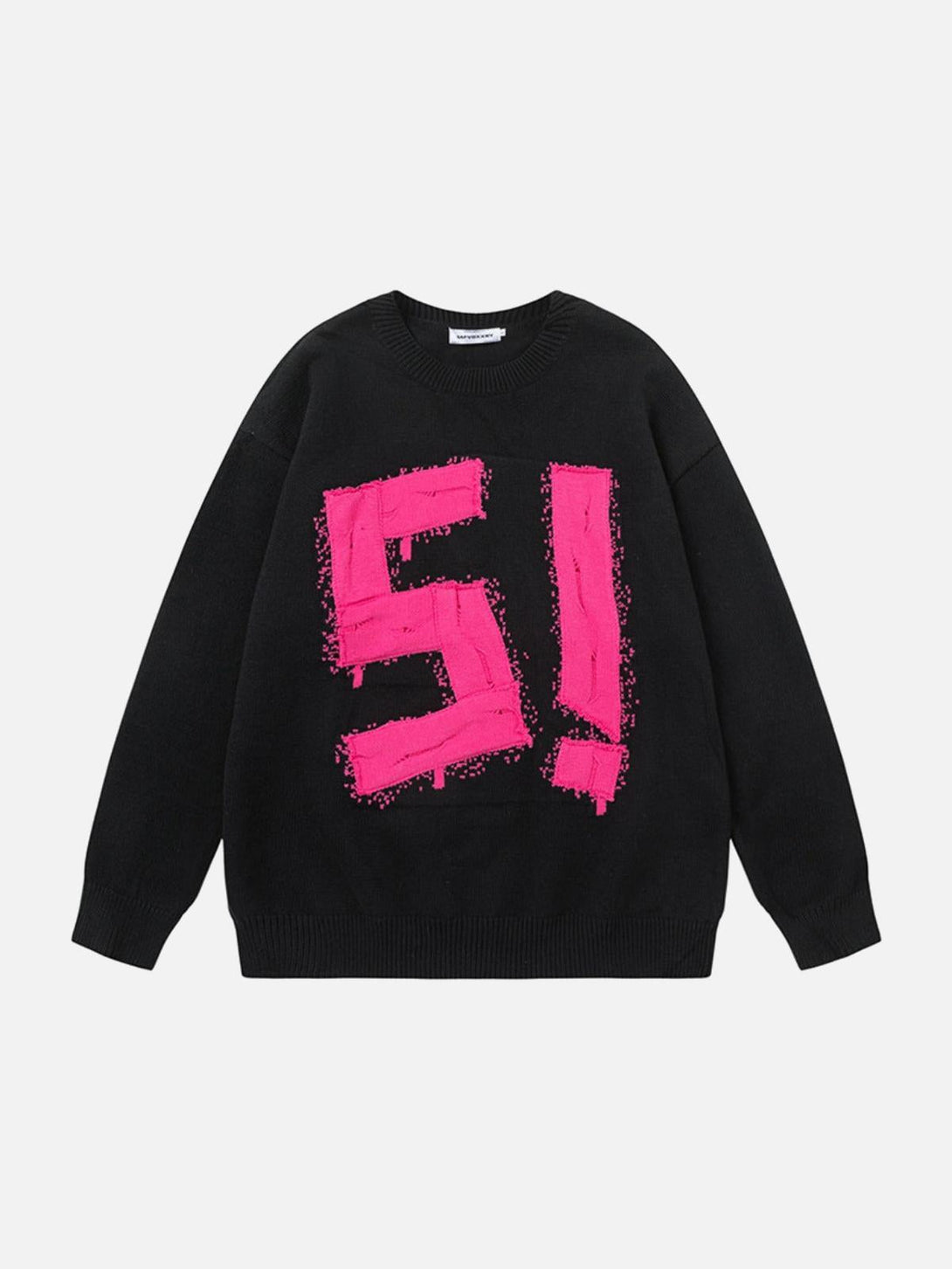 Front view of a black sweater by TALISHKO featuring bold pink graffiti-style embroidery.