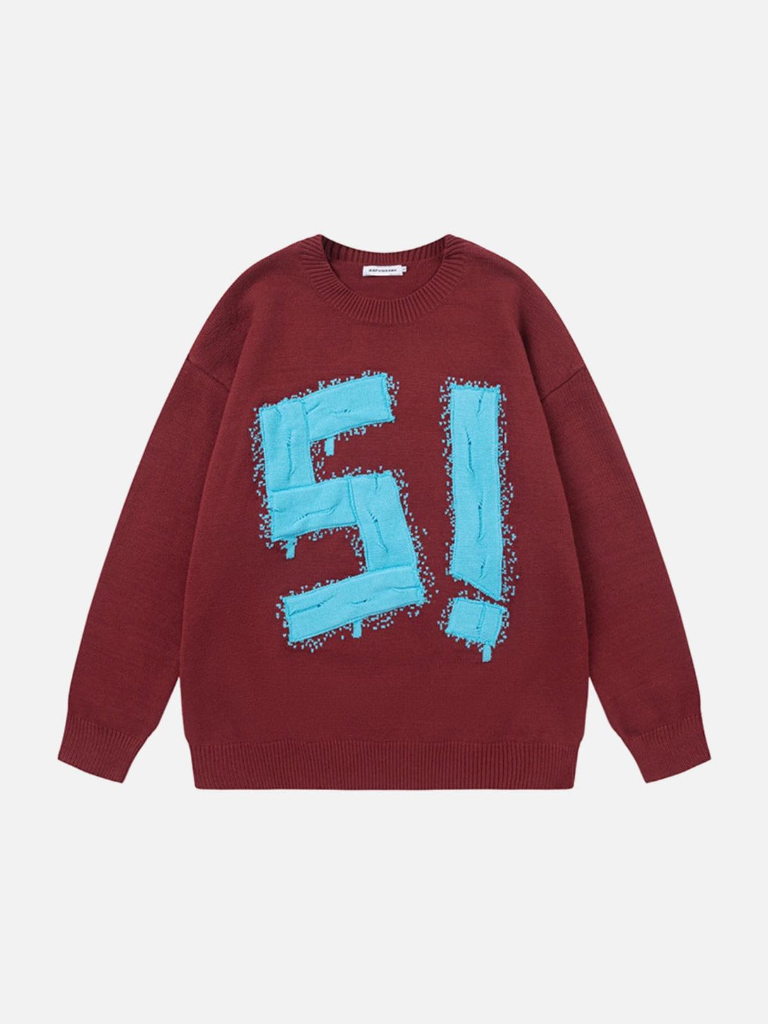 Burgundy sweater by TALISHKO featuring bold blue graffiti-style embroidery on the front.