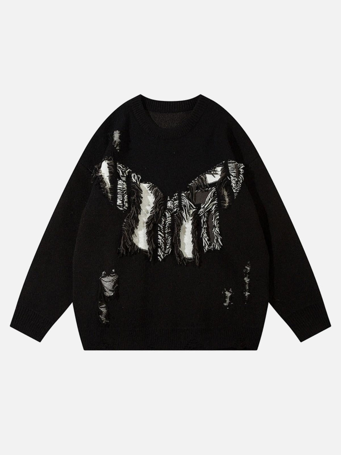 Front view of a black, distressed butterfly sweater by TALISHKO, featuring an edgy design.