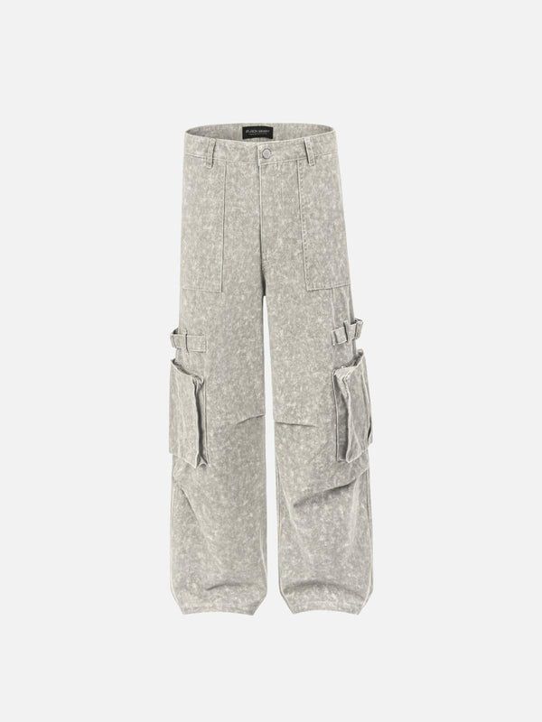Front view of apricot cargo pants by TALISHKO, featuring large side pockets for a vintage street vibe.
