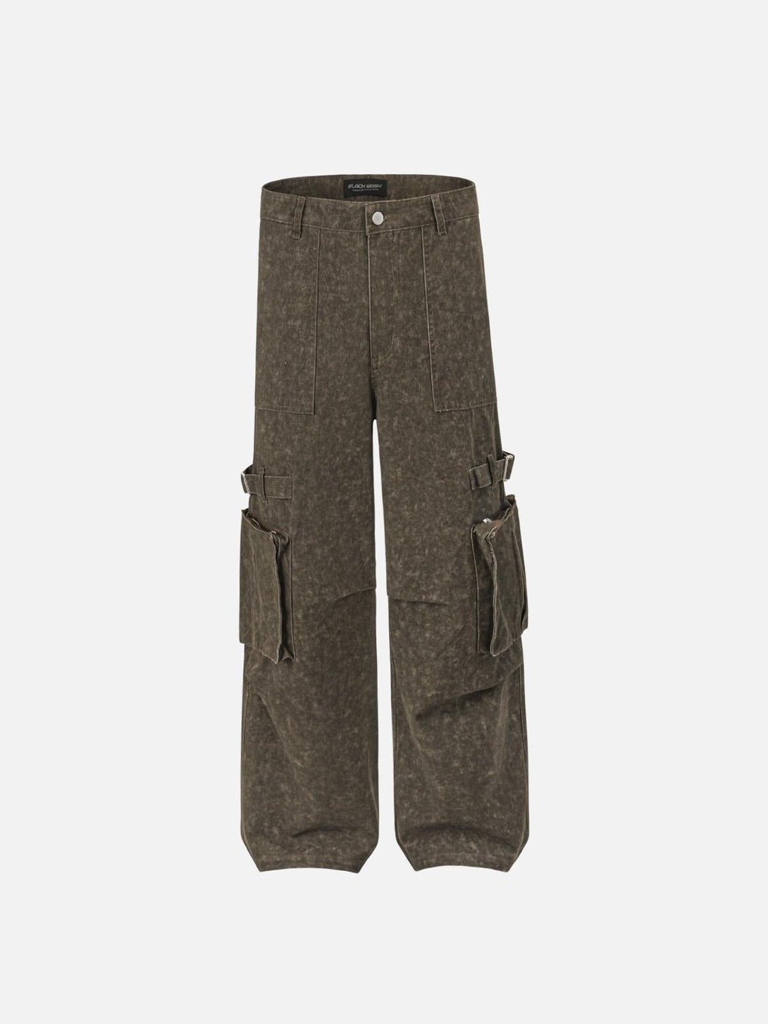 Front view of brown cargo pants by TALISHKO, featuring large side pockets for a vintage style.