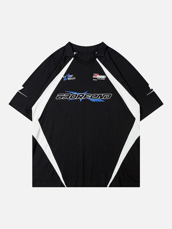 Front view of a black vintage lapel polo shirt by TALISHKO, featuring bold graphic details.