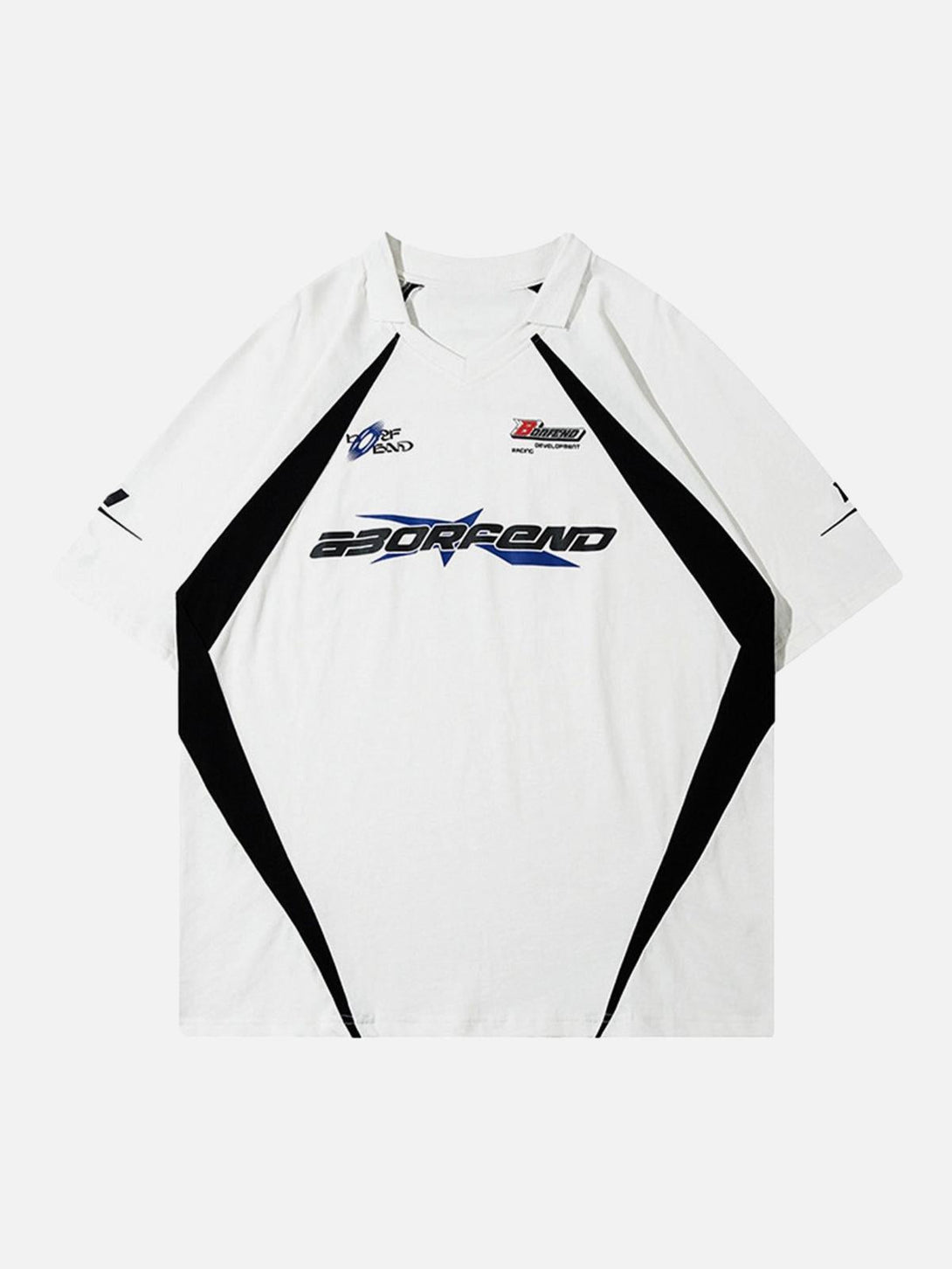 Front view of a white vintage polo shirt by TALISHKO, featuring bold graphic accents.