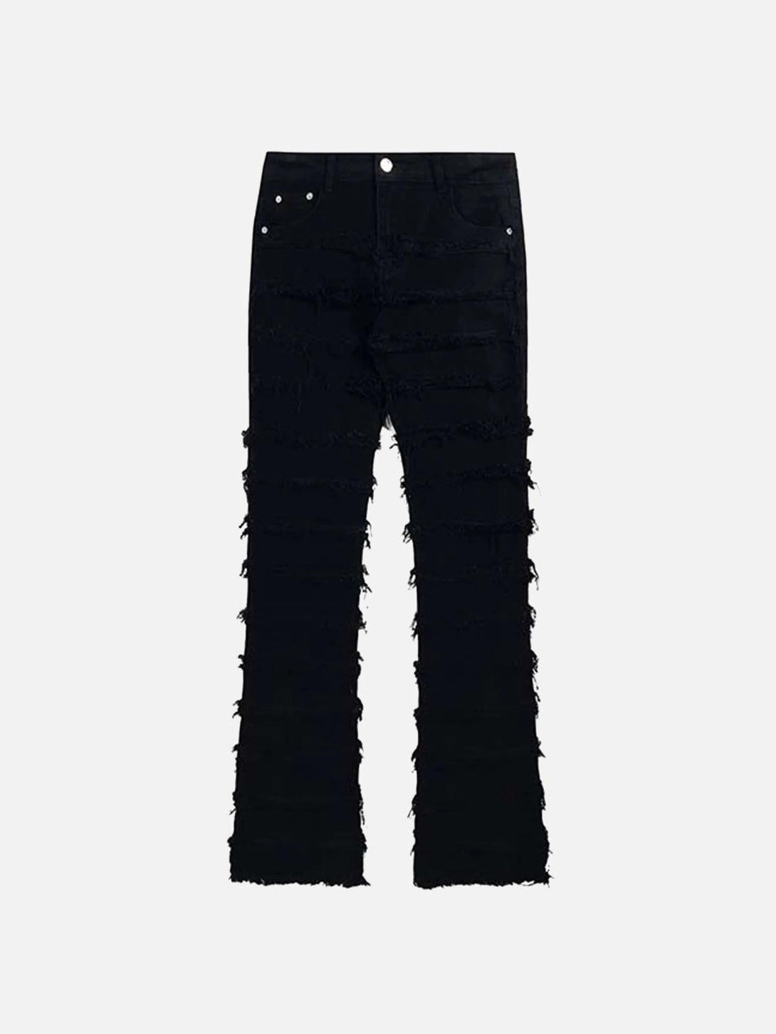 Front view of TALISHKO black slim jeans with layered raw edges for a vintage urban look.