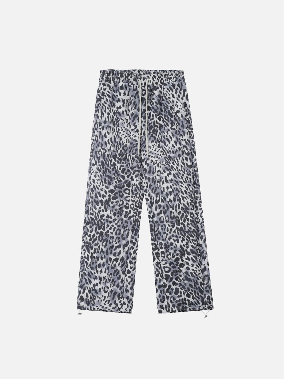 Front view of gray leopard print sweatpants by TALISHKO, showcasing a relaxed street style.