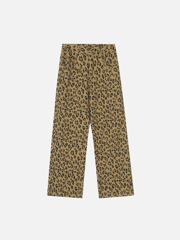 Leopard print pants by TALISHKO showcasing a bold street style in a front view.