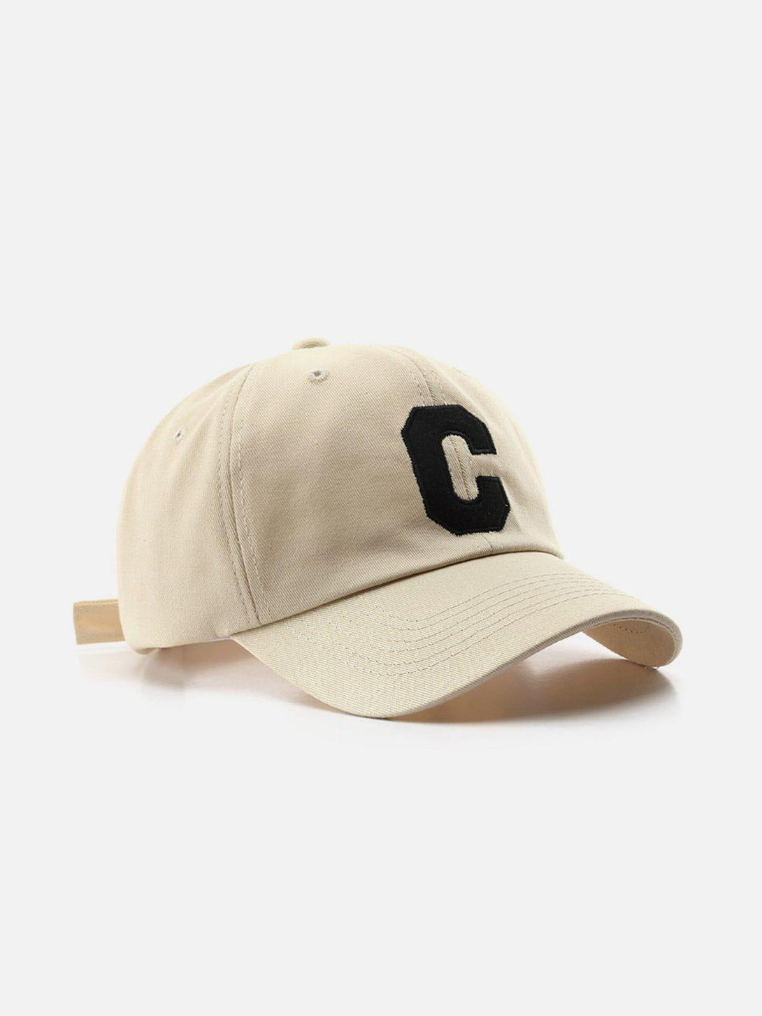 Front view of an apricot baseball cap with a black "C" by TALISHKO, ideal for vintage style.