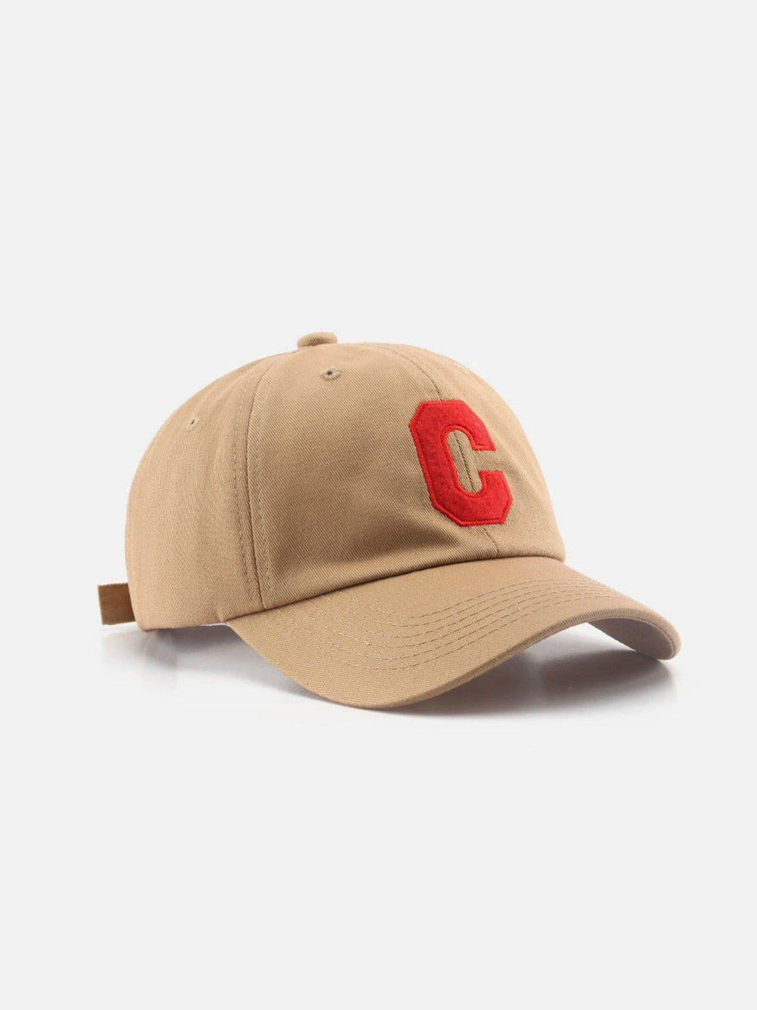 Front view of a khaki baseball cap with red "C" by TALISHKO, enhancing vintage street style.