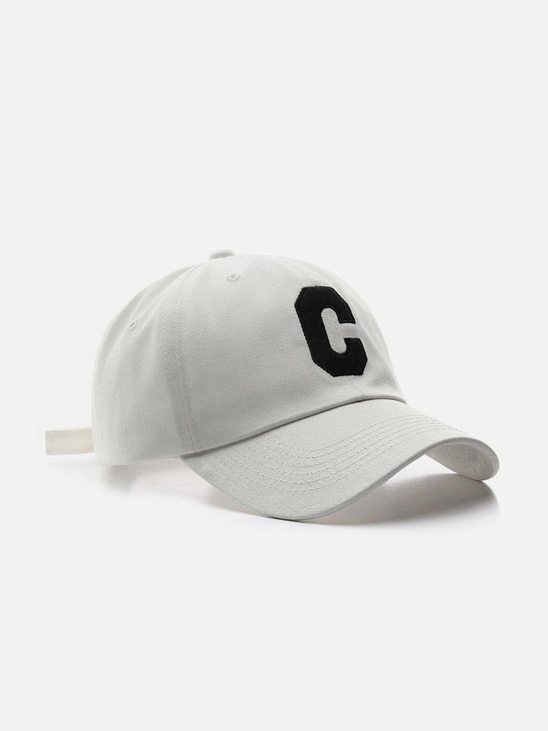 Front view of a white baseball cap with bold "C" by TALISHKO, perfect for casual style.