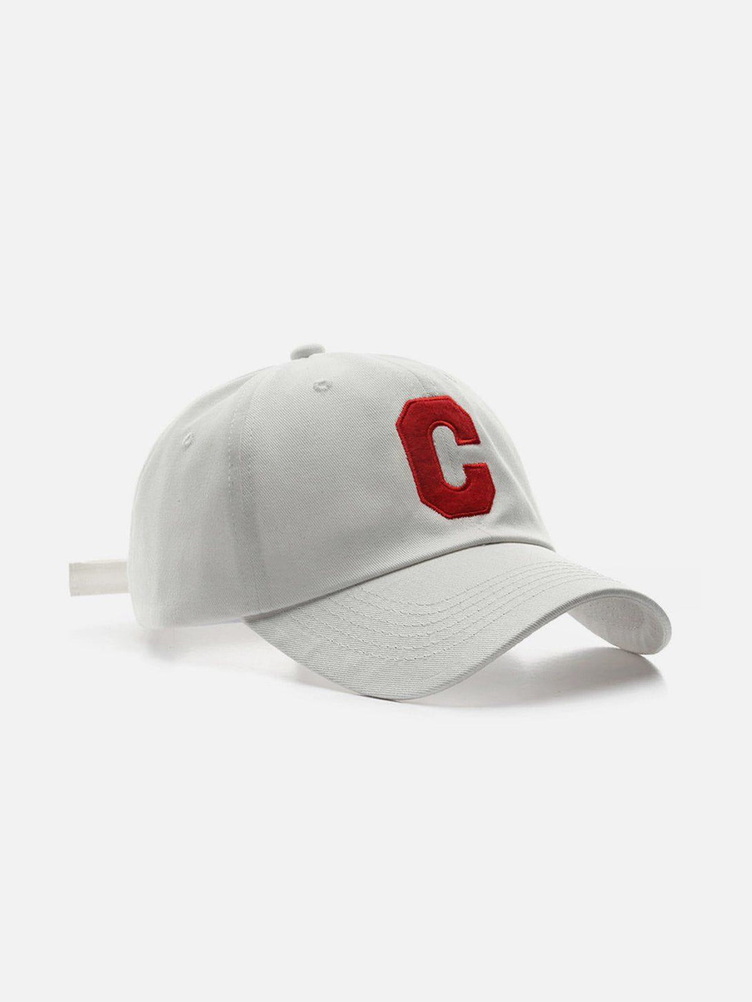 Front view of a white baseball cap with red "C" by TALISHKO, ideal for vintage street style.