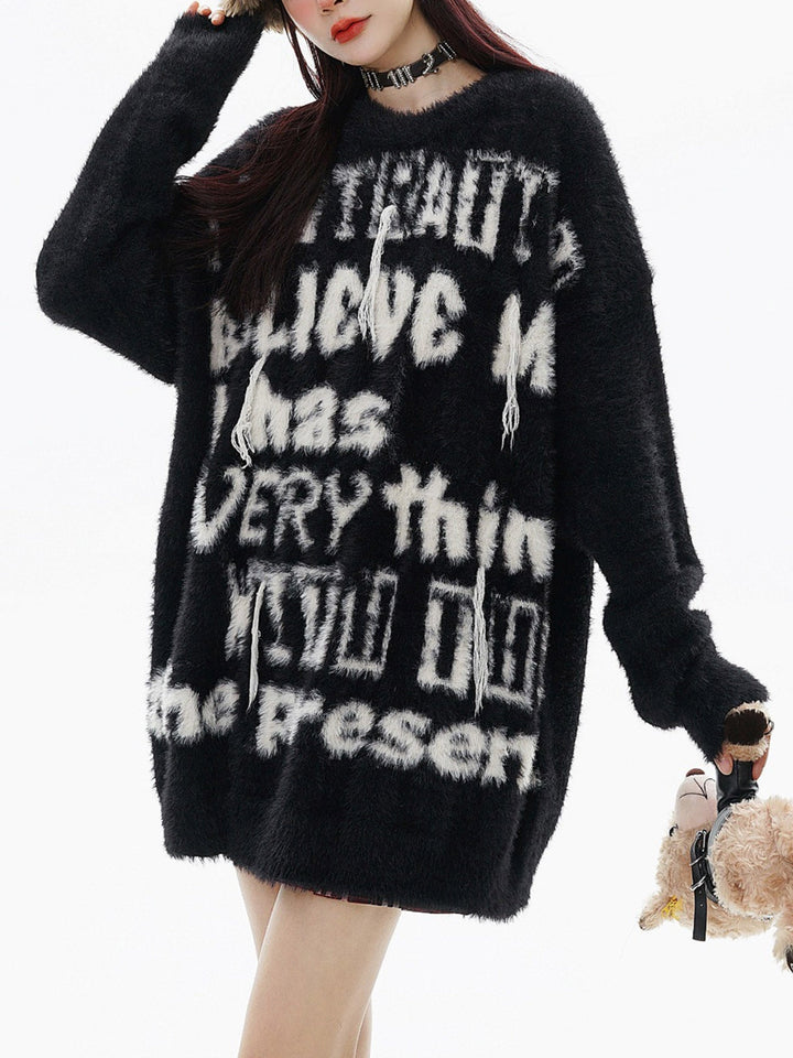 TALISHKO - Vintage Letter Jacquard Faux Mink Sweater - streetwear fashion - talishko.com