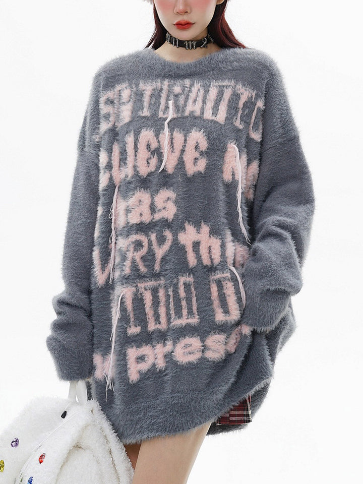 TALISHKO - Vintage Letter Jacquard Faux Mink Sweater - streetwear fashion - talishko.com