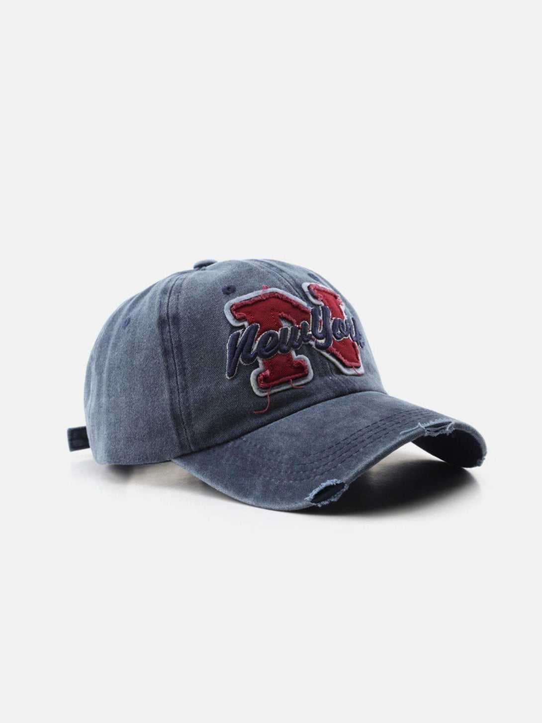 Blue vintage-style baseball cap with "New York" embroidery, front view by TALISHKO.