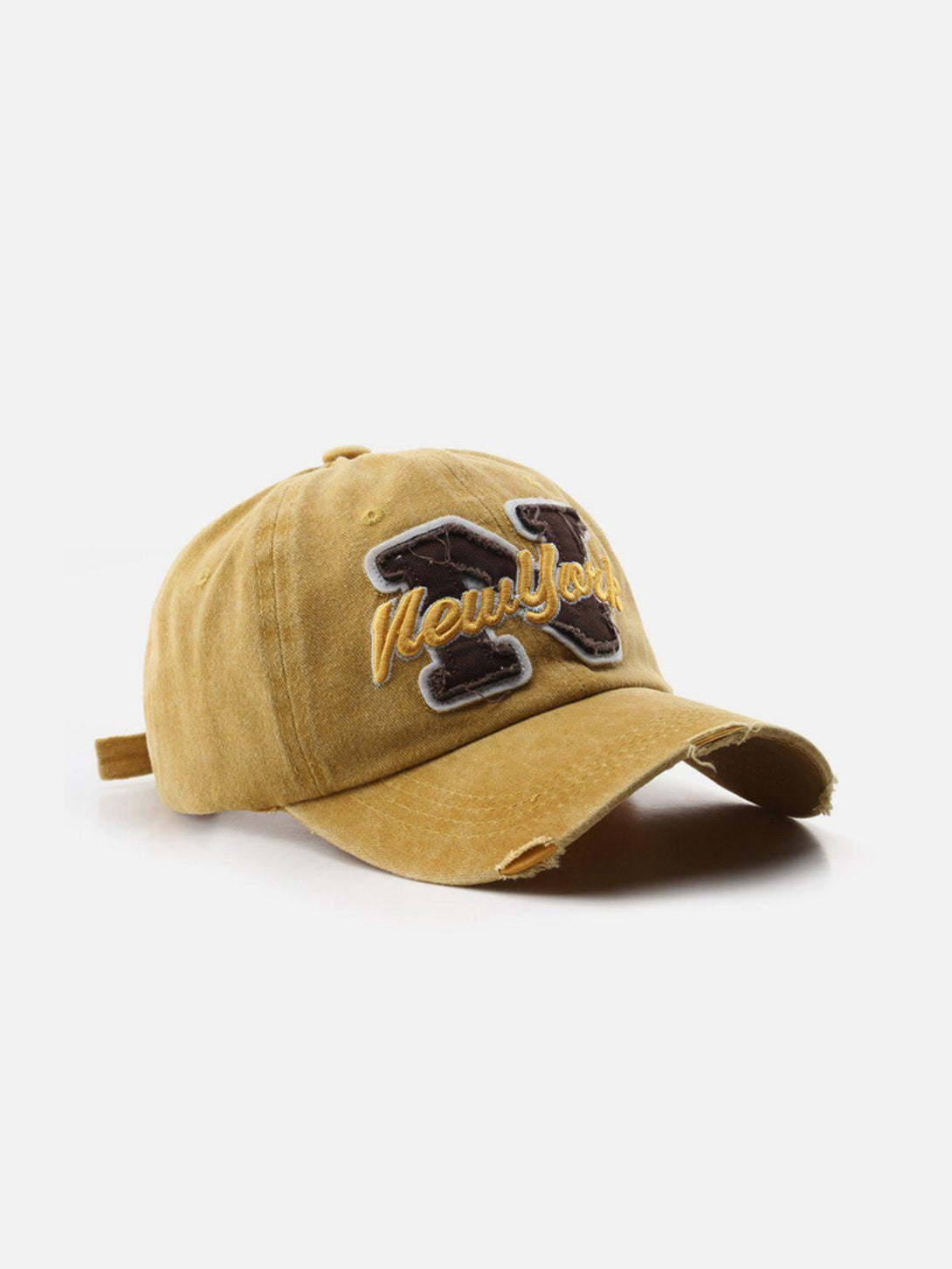 Yellow vintage-inspired baseball cap with "New York" embroidery by TALISHKO, front view.