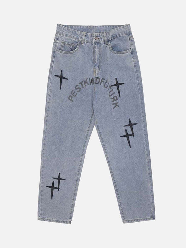 TALISHKO - Vintage Letter Print Washed Jeans, streetwear fashion, talishko.com