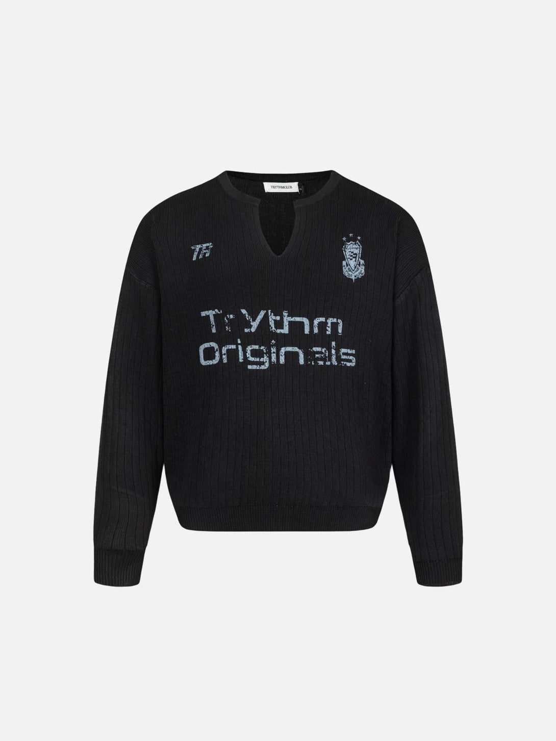 Front view of a black vintage V-neck sweater by TALISHKO, featuring bold lettering and ribbed texture.