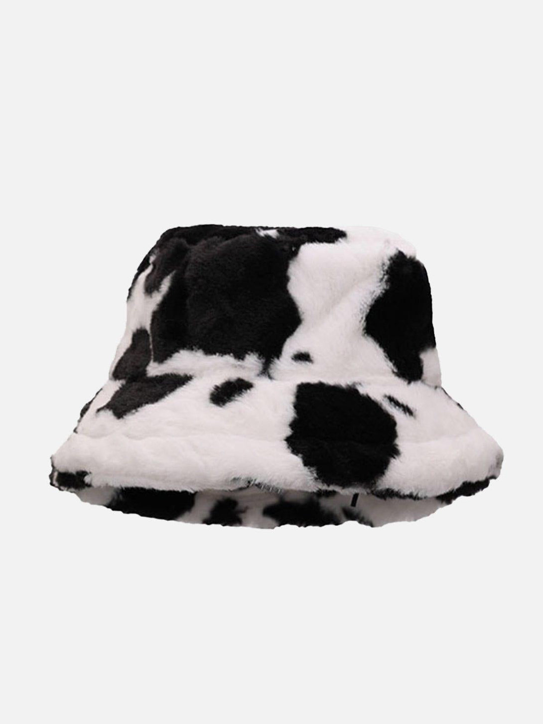 Vintage milk cow pattern bucket hat in black by TALISHKO, featuring a cozy front view.