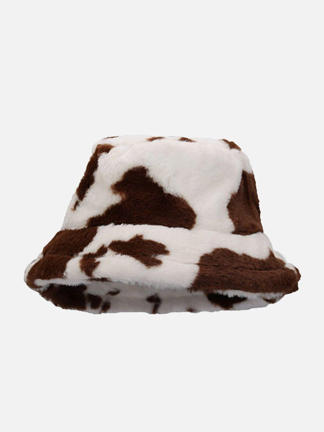 TALISHKO's vintage milk cow pattern bucket hat in brown, showcasing a cozy front view design.
