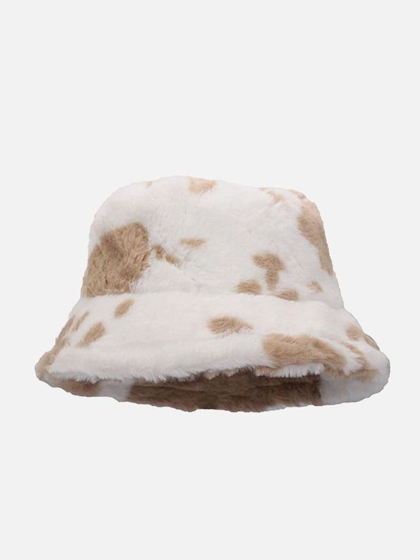 Cozy vintage milk cow pattern hat in light coffee by TALISHKO, showcasing a stylish front view.
