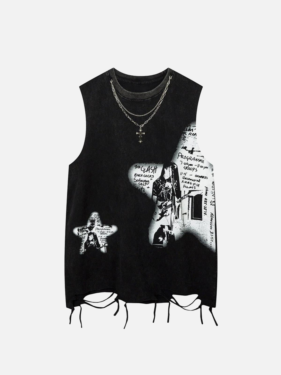 Front view of TALISHKO black tank top with star print and layered necklace for a hip-hop vibe.