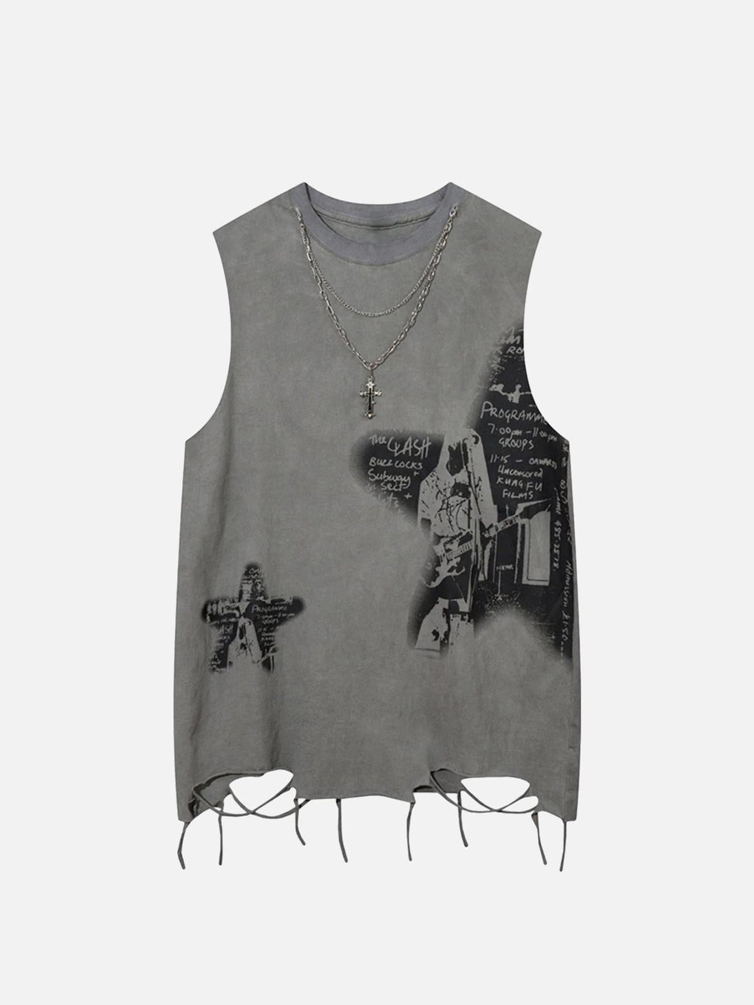 Front view of TALISHKO gray hip-hop tank top with vintage star print and layered necklace.
