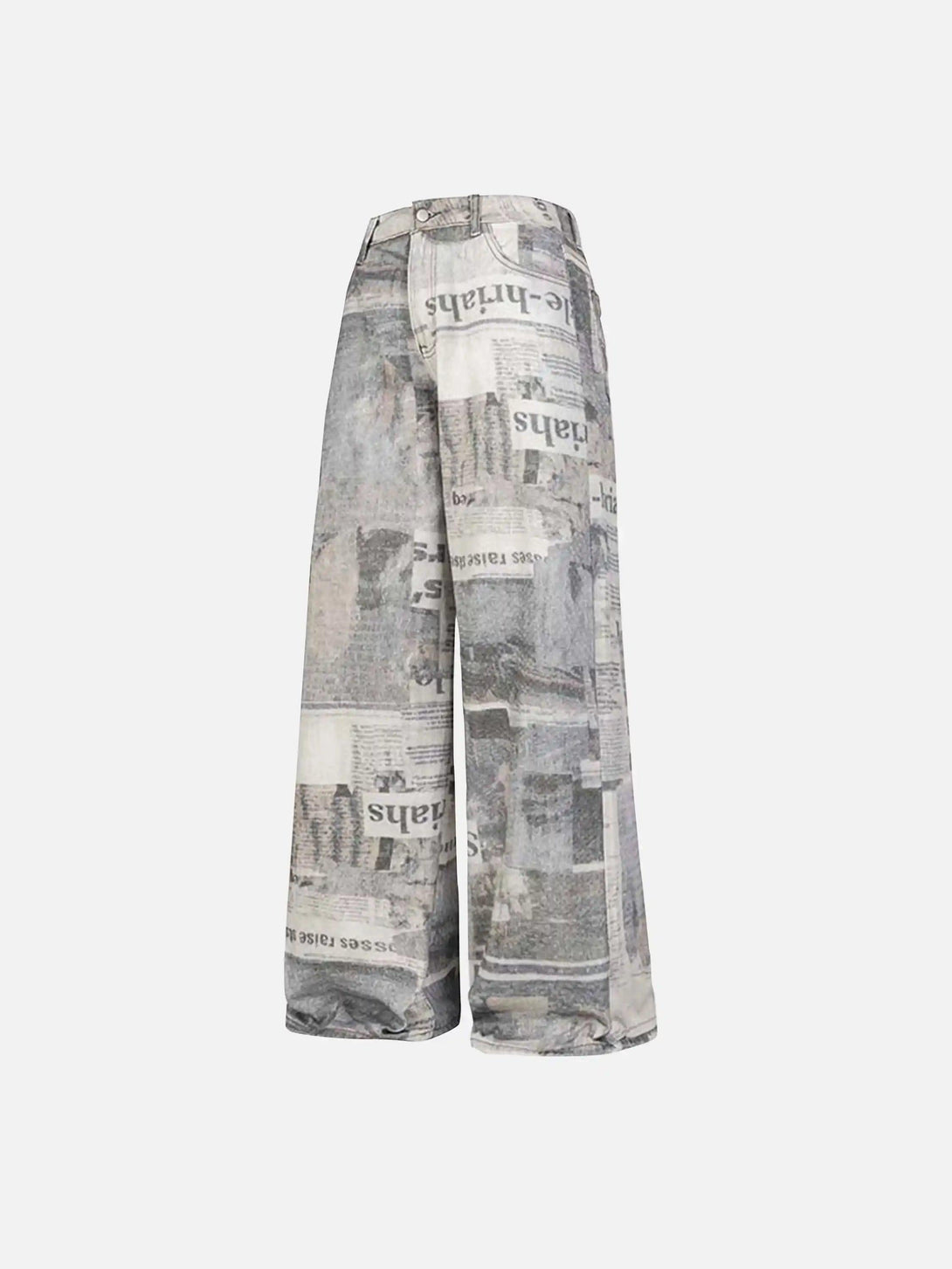Gray vintage newspaper print pants by TALISHKO, showcasing a stylish streetwear vibe.