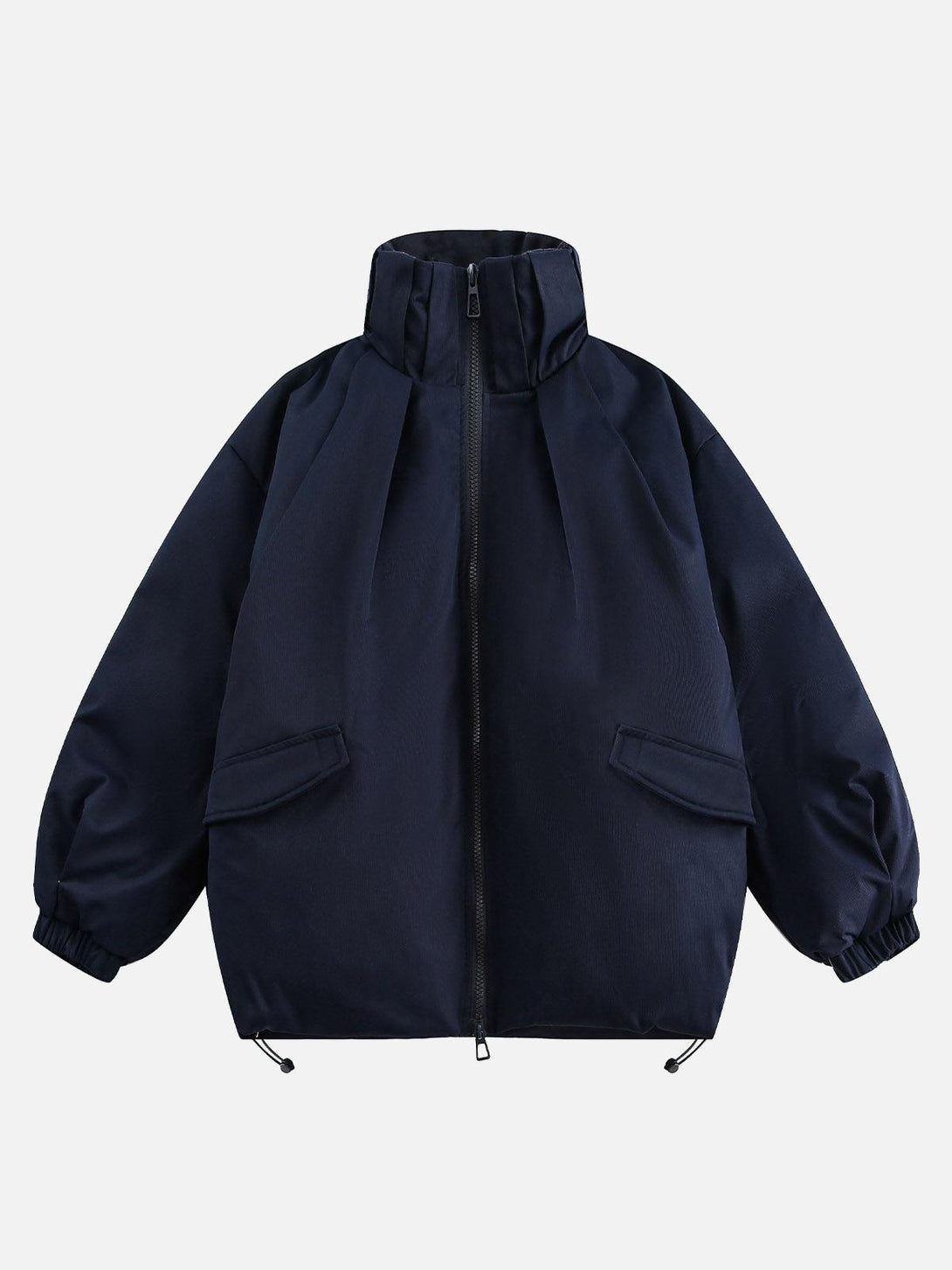 Front view of a blue vintage oversized jacket with pleated collar, designed by TALISHKO.