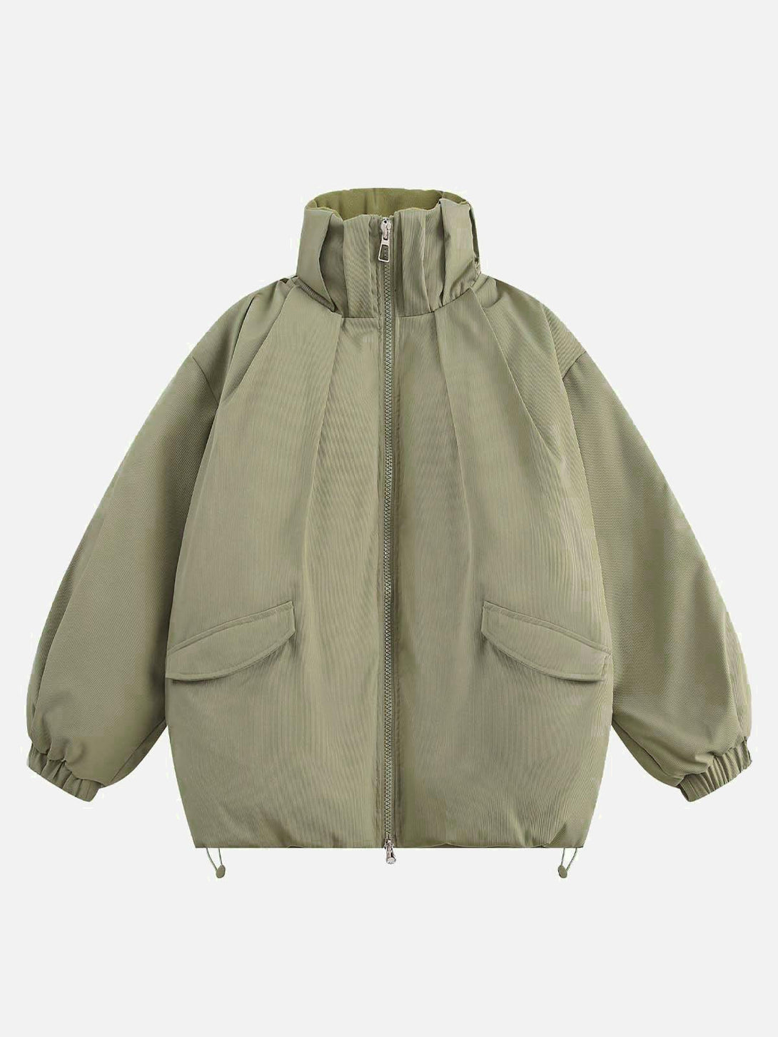 Front view of a green vintage oversized jacket with pleated stand collar by TALISHKO.