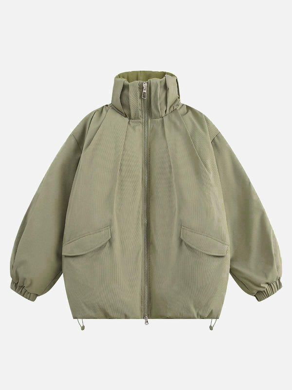 Front view of a green vintage oversized jacket with pleated stand collar by TALISHKO.
