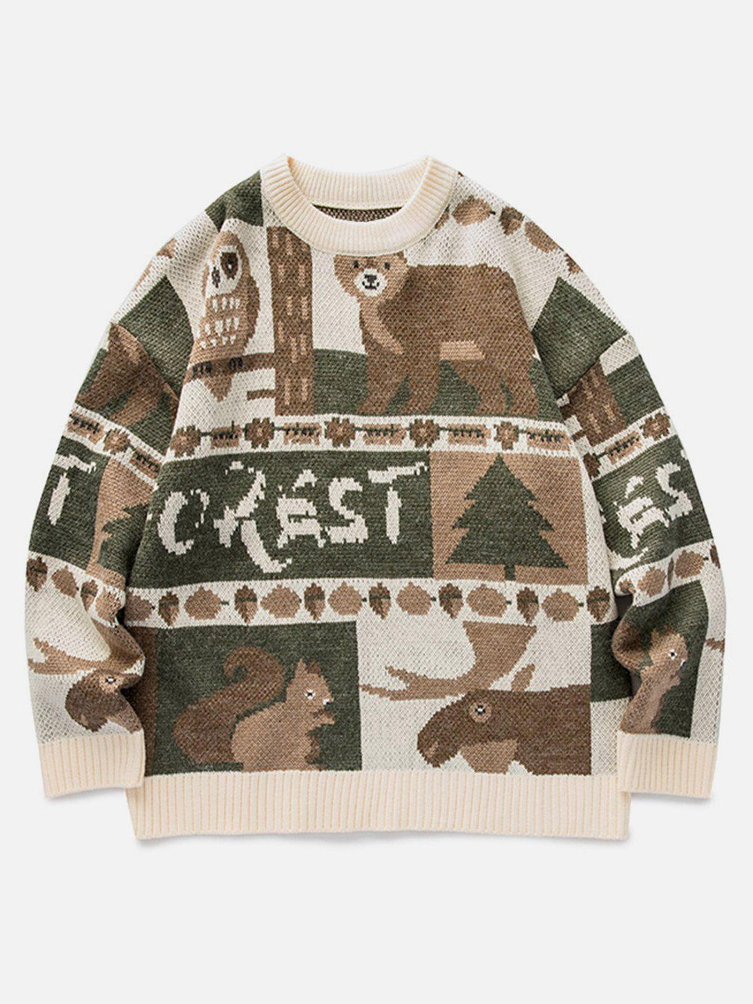 TALISHKO's beige knitted sweater features vintage animal prints, perfect for cozy street style.