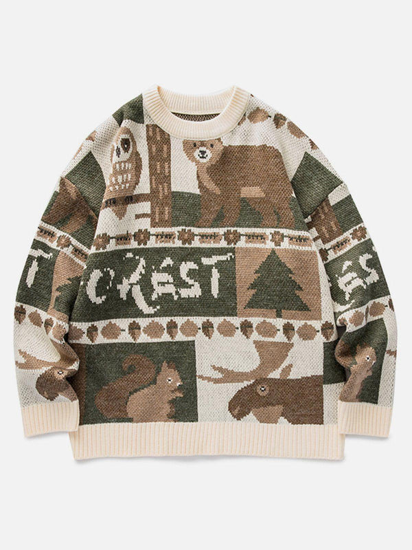 TALISHKO's beige knitted sweater features vintage animal prints, perfect for cozy street style.