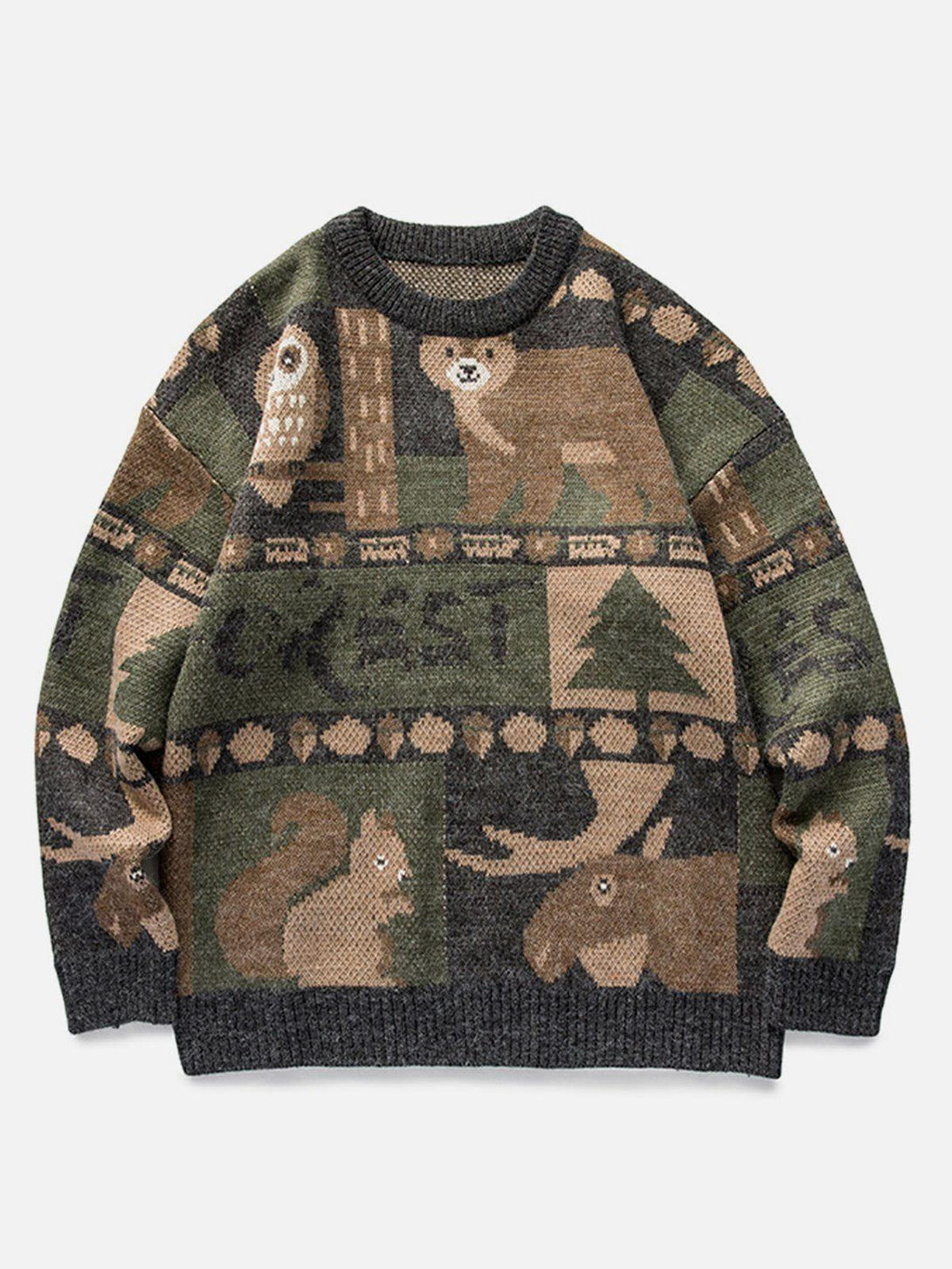 Front view of TALISHKO's dark gray knitted sweater with vintage owl and bear prints, ideal for casual wear.