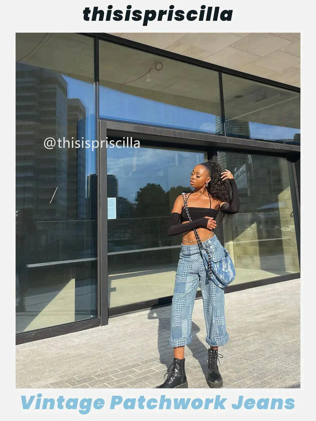 Model in blue patchwork jeans by TALISHKO, styled with black boots and a trendy cropped top.