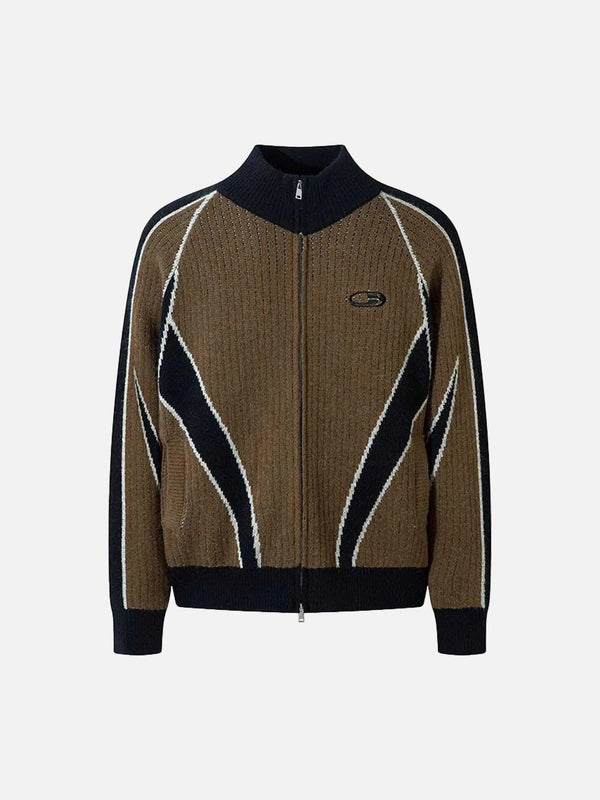 A stylish brown cardigan with a contrast pattern and stand collar by TALISHKO, front view.
