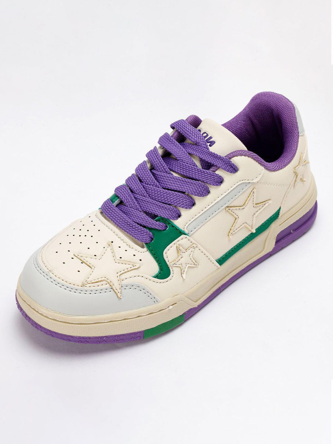 Front view of stylish TALISHKO sneakers with purple laces and star details, perfect for urban wear.