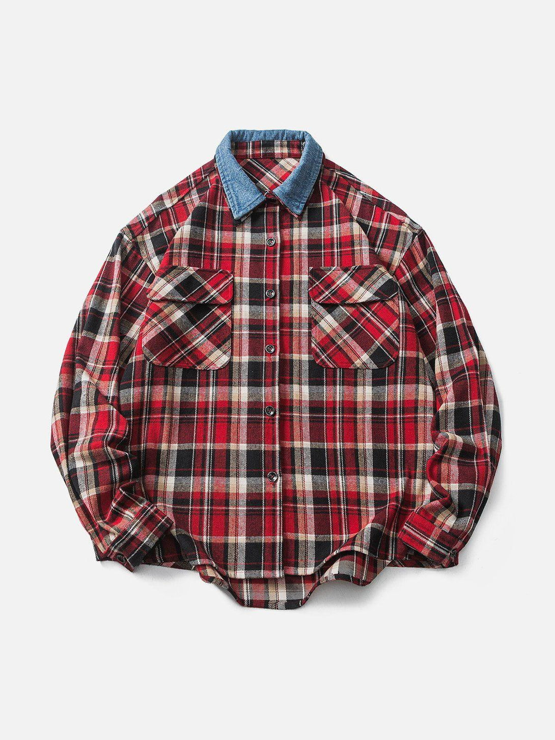 Vintage plaid long-sleeved shirt by TALISHKO with a denim collar, in a red checkered pattern.