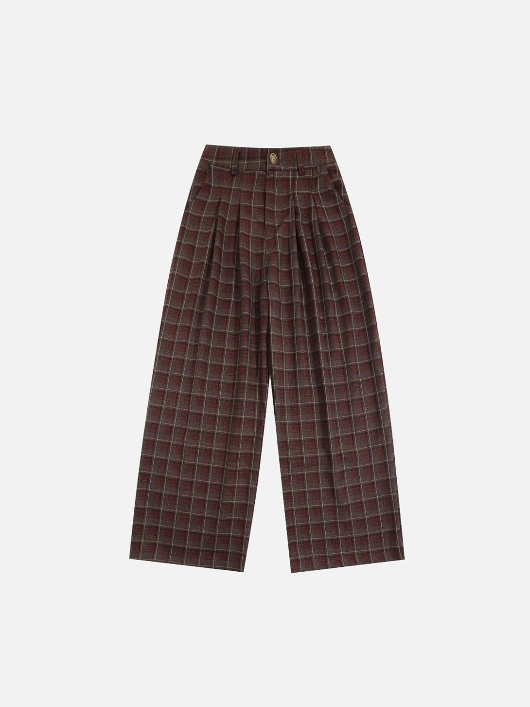 Front view of red vintage plaid sweatpants by TALISHKO, showcasing a relaxed street style.