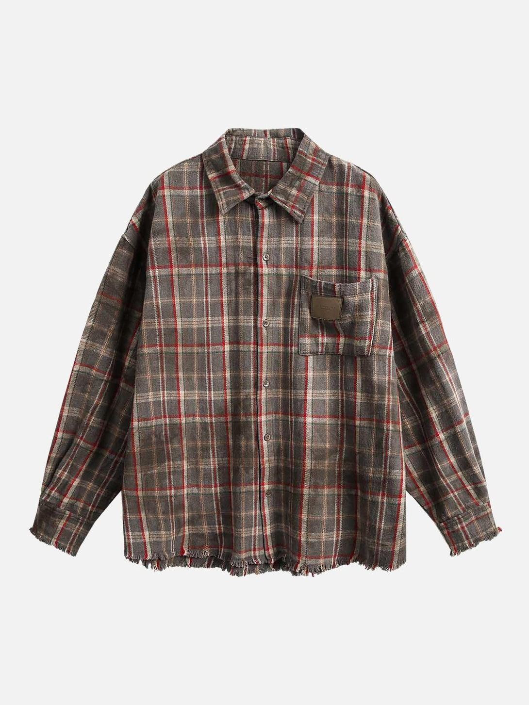 A front view of a brown vintage plaid tie-dye shirt by TALISHKO, perfect for casual wear.