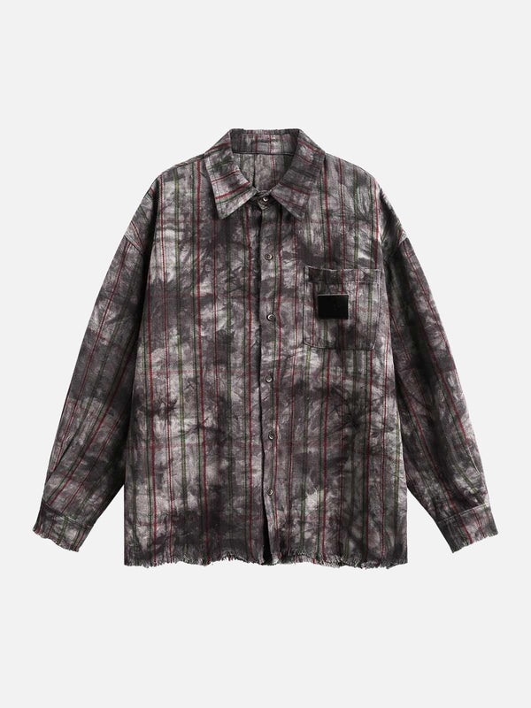 Front view of a dark gray vintage plaid tie-dye long sleeve shirt by TALISHKO, showcasing casual style.