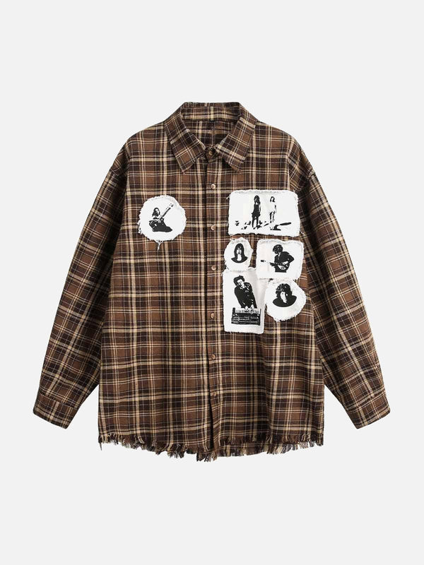 Brown plaid shirt with vintage portrait appliques, front view by TALISHKO, perfect for casual wear.