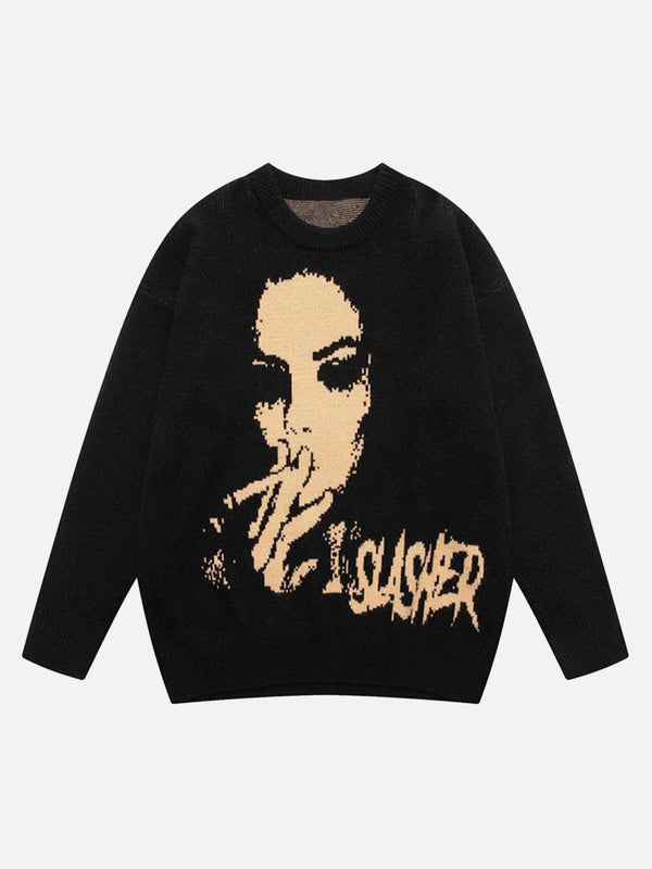 Front view of a black vintage portrait knit sweater by TALISHKO, perfect for urban style.