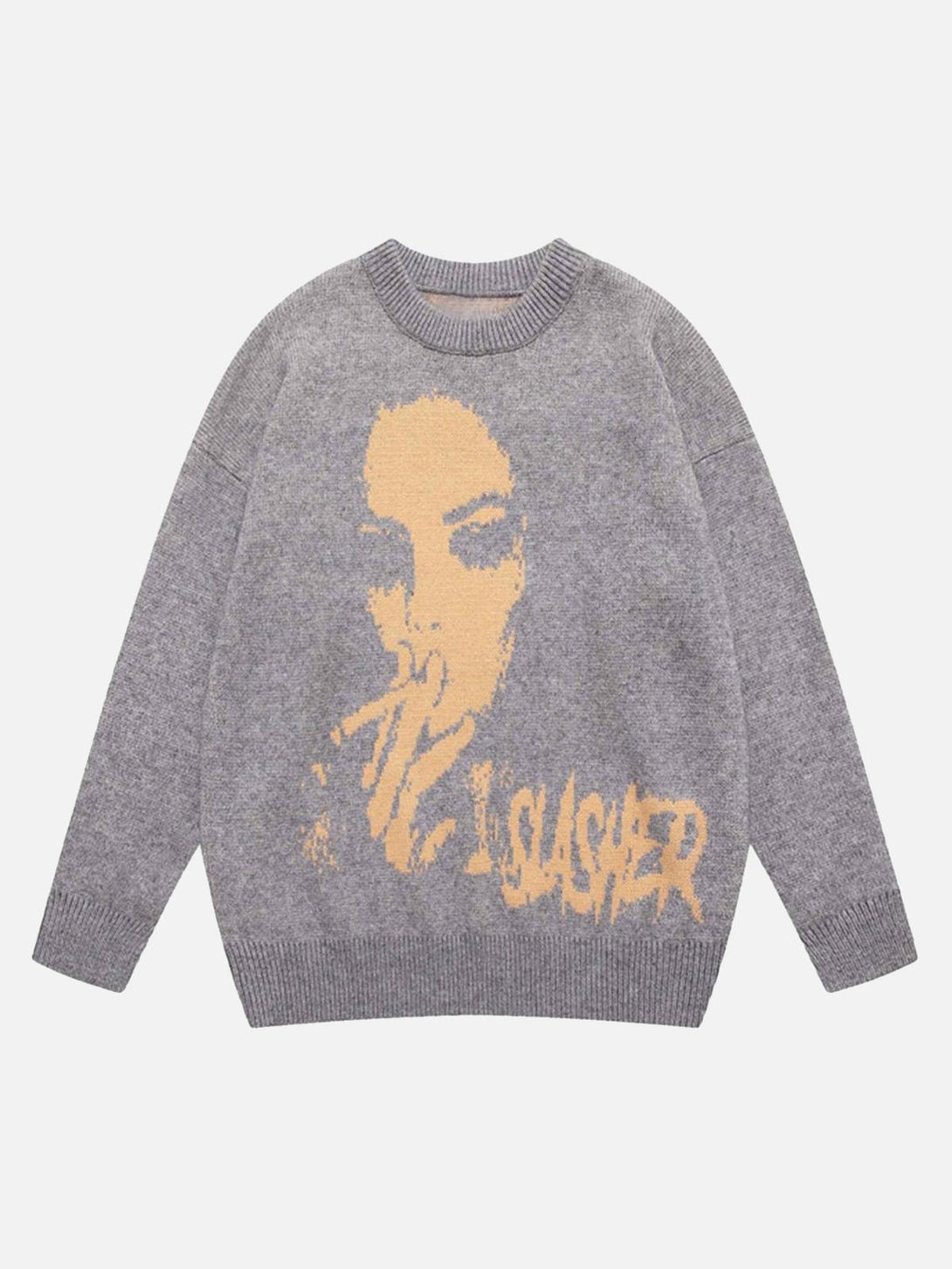 Front view of a gray vintage portrait knit sweater by TALISHKO, ideal for urban fashion.