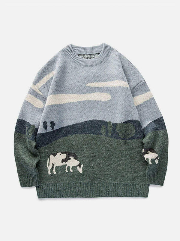 A gray sweater featuring a pastoral cow pattern, adding a vintage touch by TALISHKO.