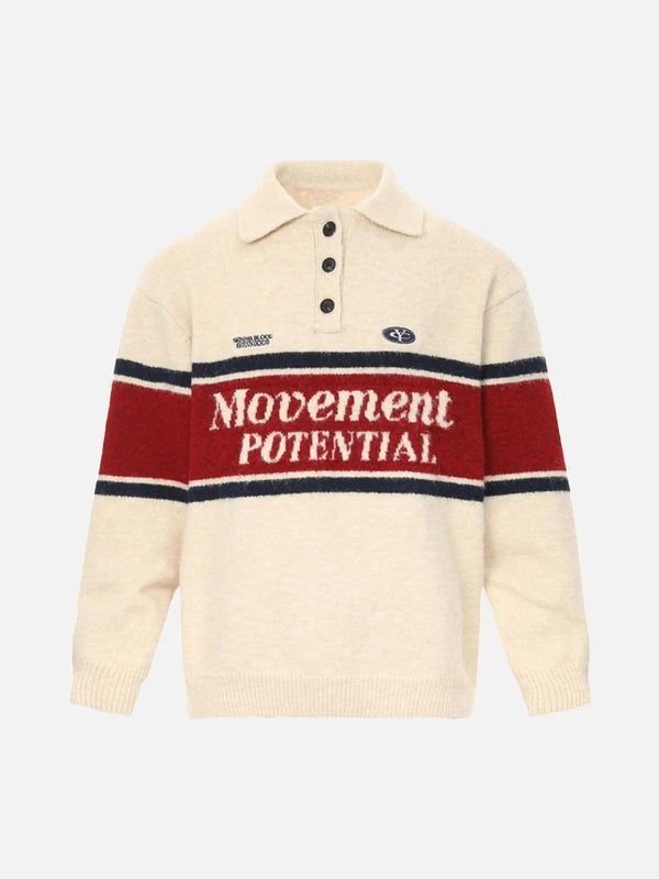 Front view of a TALISHKO preppy colorblock sweater with a cozy lapel and vintage style.