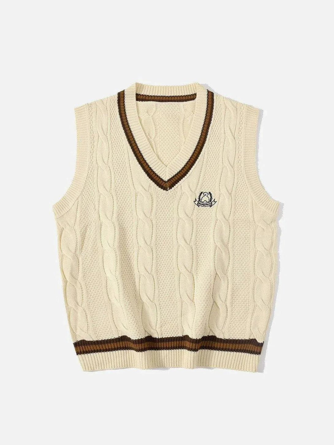 Front view of a khaki cable-knit sweater vest by TALISHKO, featuring a preppy style.