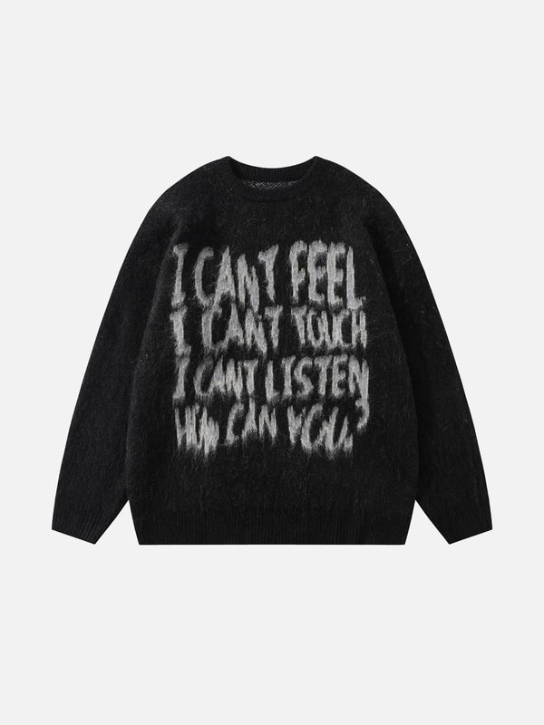 Vintage black sweater featuring bold white text, perfect for urban style by TALISHKO.