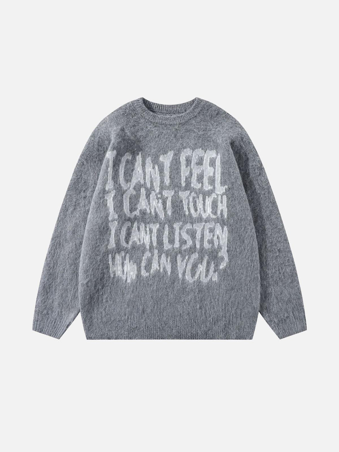Gray sweater with bold white lettering, showcasing unique street style by TALISHKO.