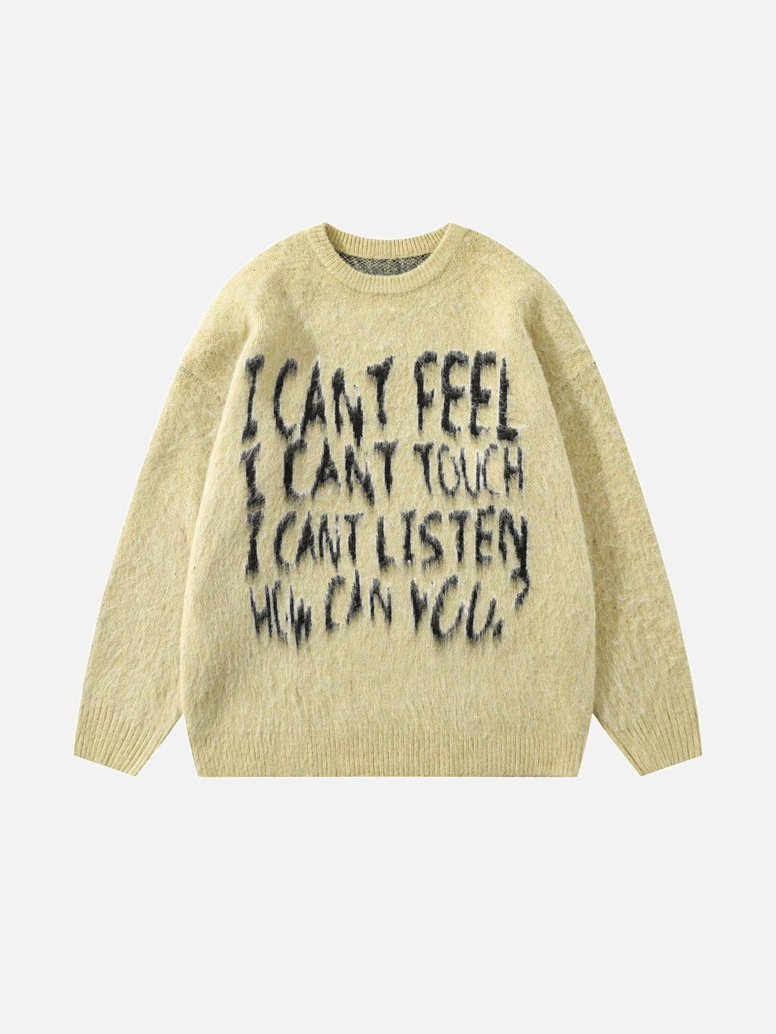 Yellow vintage sweater with bold lettering, front view showcasing urban style by TALISHKO.