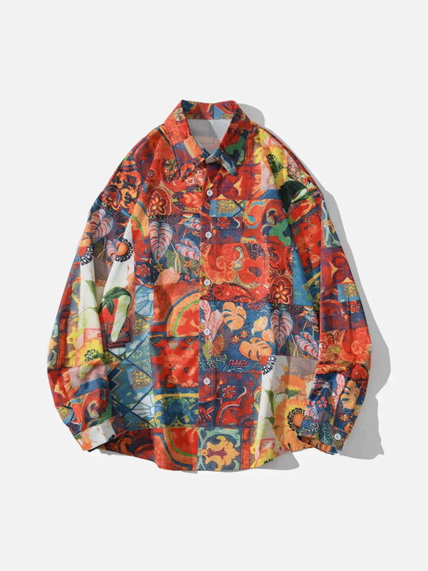 Front view of a vibrant, vintage print long-sleeved shirt by TALISHKO in bold red tones.
