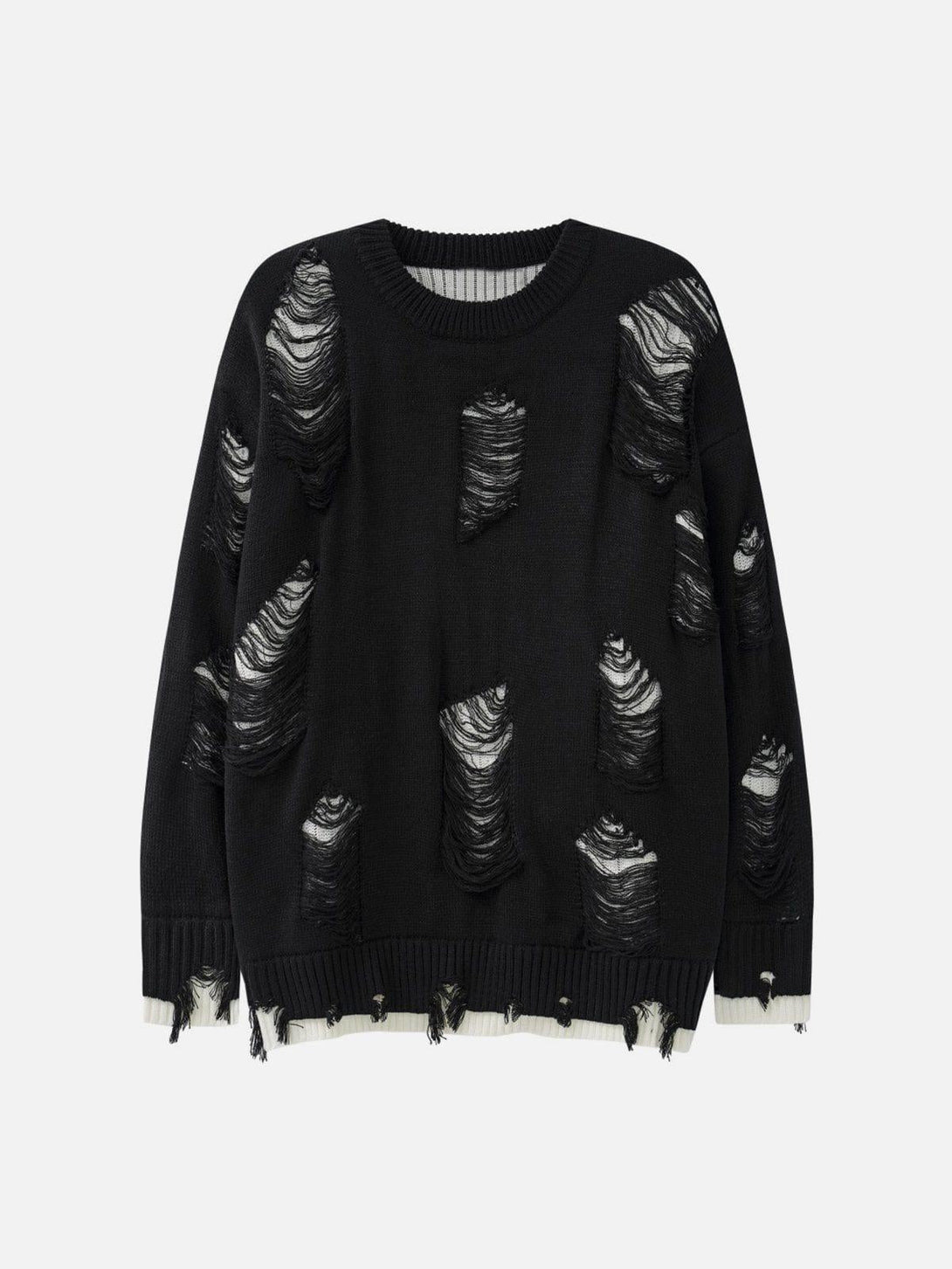 Front view of a black vintage ripped oversized sweater by TALISHKO, ideal for urban style.